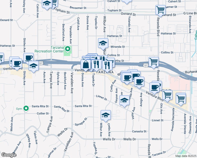 map of restaurants, bars, coffee shops, grocery stores, and more near 5520 Topeka Dr in Los Angeles