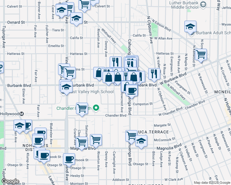 map of restaurants, bars, coffee shops, grocery stores, and more near Cartwright Avenue in Los Angeles