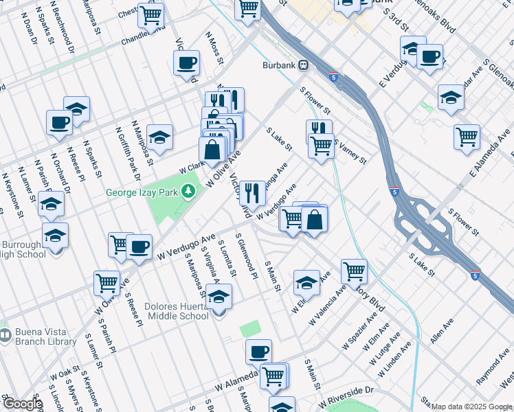 map of restaurants, bars, coffee shops, grocery stores, and more near 300 West Tujunga Avenue in Burbank