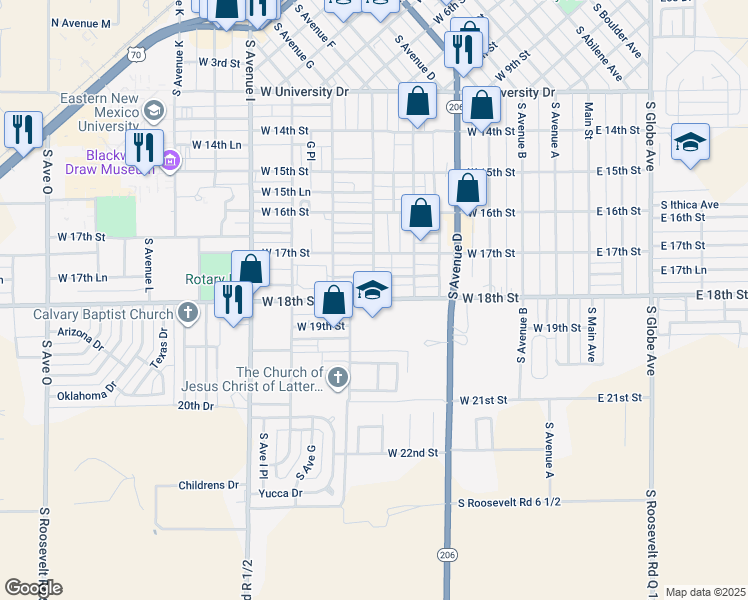 map of restaurants, bars, coffee shops, grocery stores, and more near 701 West 18th Street in Portales