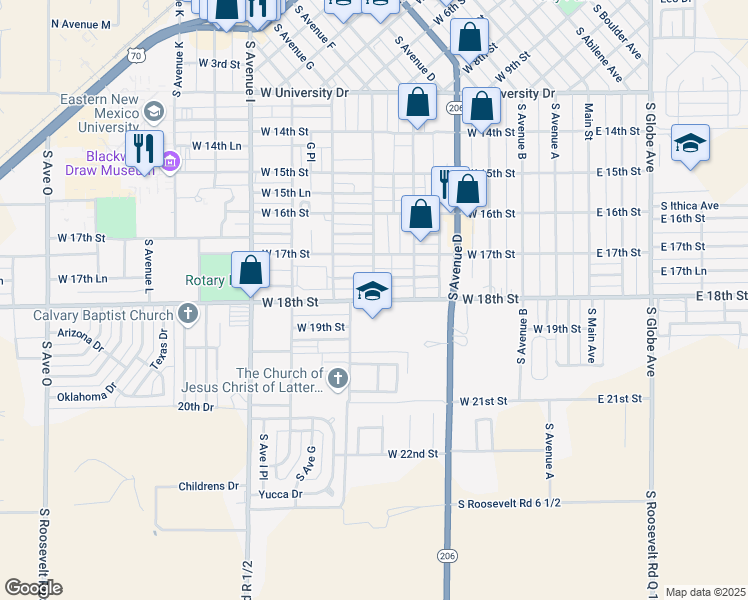 map of restaurants, bars, coffee shops, grocery stores, and more near 701 West 18th Street in Portales