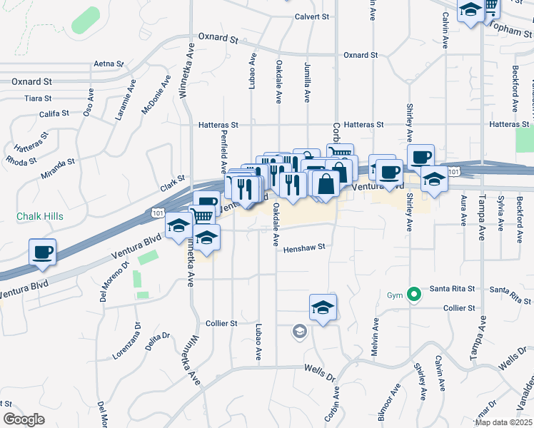 map of restaurants, bars, coffee shops, grocery stores, and more near 5525 Oakdale Avenue in Los Angeles