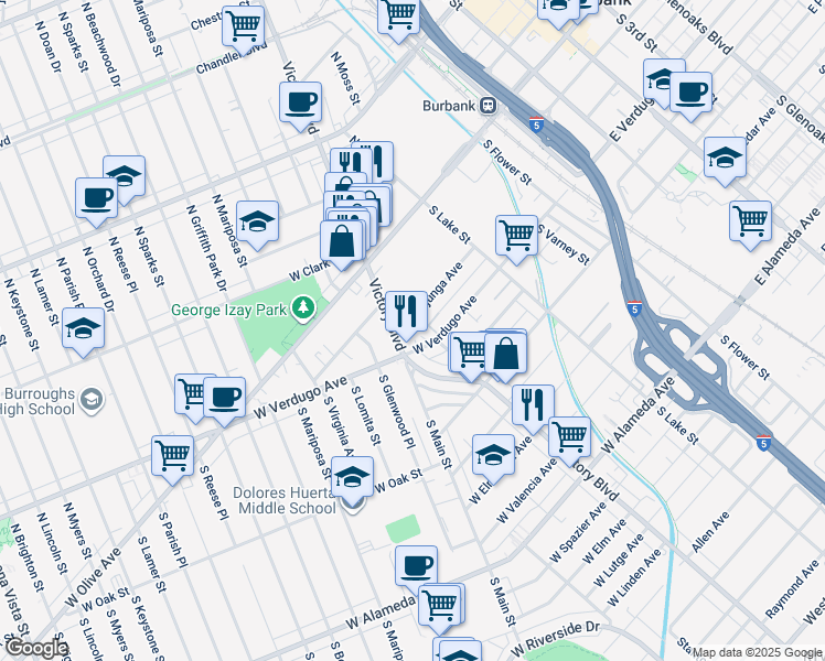 map of restaurants, bars, coffee shops, grocery stores, and more near 300 West Tujunga Avenue in Burbank