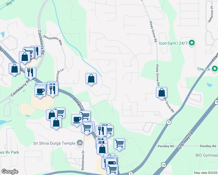 map of restaurants, bars, coffee shops, grocery stores, and more near 6210 Turfway Drive in Cumming