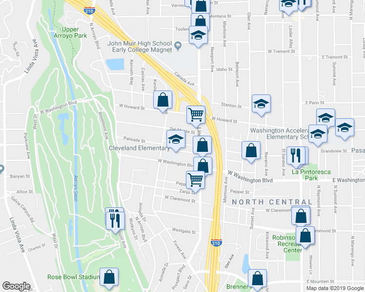 map of restaurants, bars, coffee shops, grocery stores, and more near 498 Macdonald Street in Pasadena