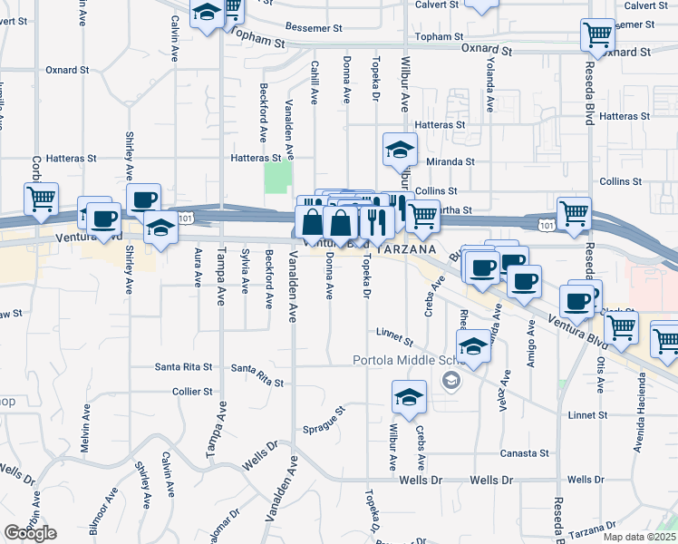 map of restaurants, bars, coffee shops, grocery stores, and more near 5520 Donna Avenue in Los Angeles