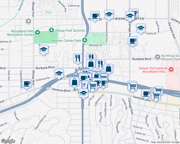map of restaurants, bars, coffee shops, grocery stores, and more near 21900 Burbank Boulevard in Los Angeles