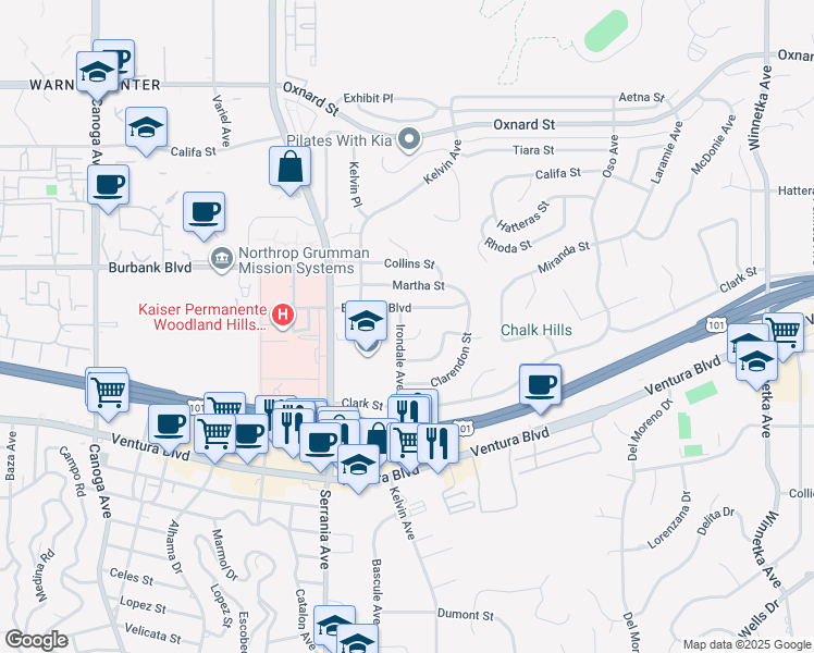 map of restaurants, bars, coffee shops, grocery stores, and more near 5538 Irondale Avenue in Los Angeles