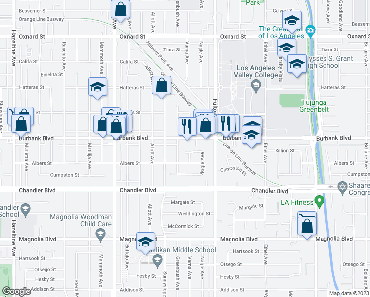 map of restaurants, bars, coffee shops, grocery stores, and more near 13411 Killion Street in Los Angeles