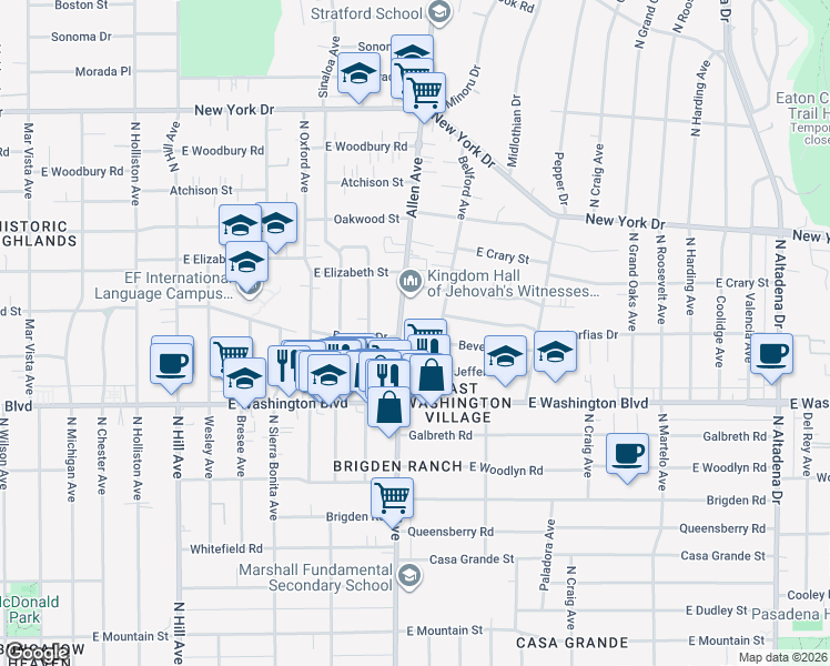 map of restaurants, bars, coffee shops, grocery stores, and more near 1474 Allen Avenue in Pasadena