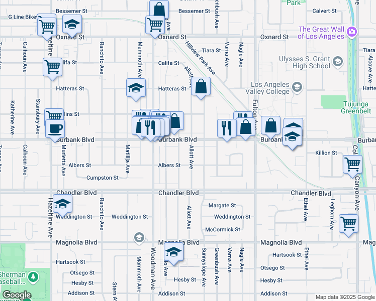 map of restaurants, bars, coffee shops, grocery stores, and more near 5537 Allott Avenue in Los Angeles