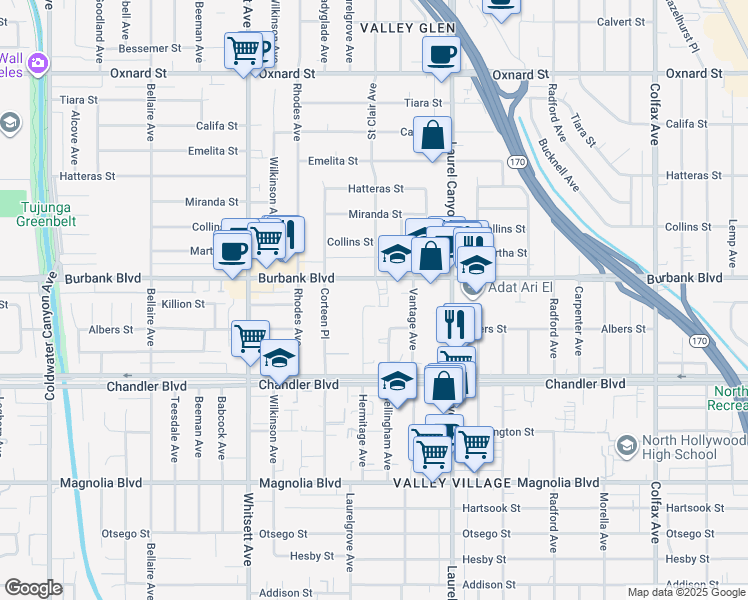 map of restaurants, bars, coffee shops, grocery stores, and more near 12235 Killion Street in Los Angeles