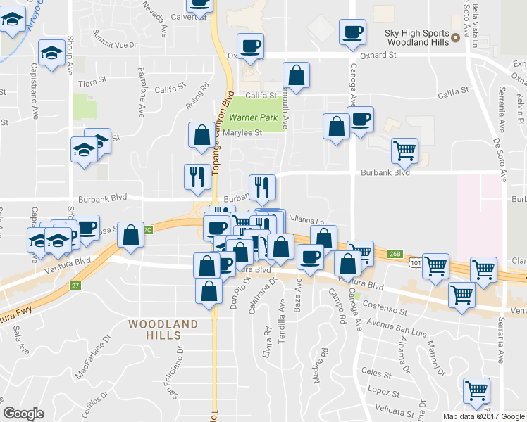 map of restaurants, bars, coffee shops, grocery stores, and more near 21820 Burbank Blvd in Woodland Hills