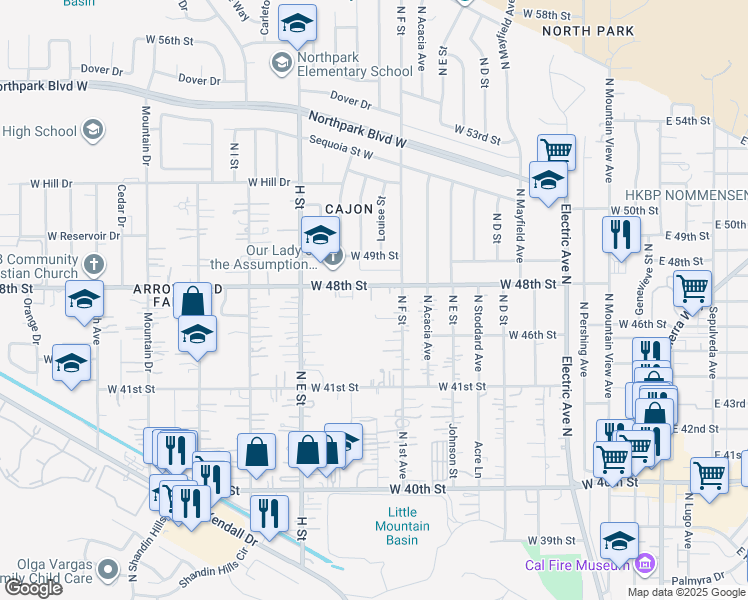 map of restaurants, bars, coffee shops, grocery stores, and more near 641 West 48th Street in San Bernardino