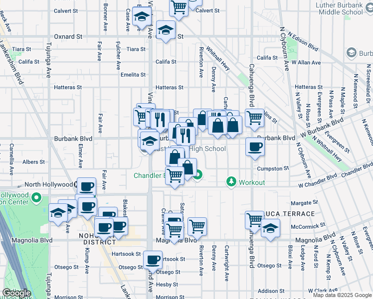 map of restaurants, bars, coffee shops, grocery stores, and more near 10816 Burbank Boulevard in Los Angeles