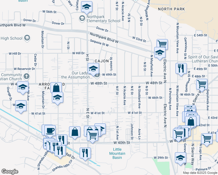 map of restaurants, bars, coffee shops, grocery stores, and more near 641 West 48th Street in San Bernardino