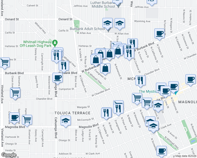 map of restaurants, bars, coffee shops, grocery stores, and more near 1300 North Whitnall Highway in Burbank