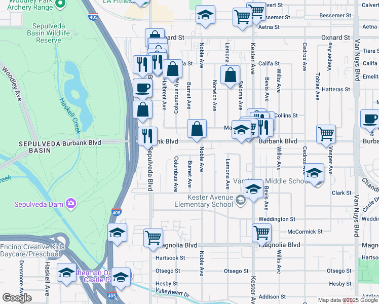 map of restaurants, bars, coffee shops, grocery stores, and more near 15129 Killion Street in Los Angeles