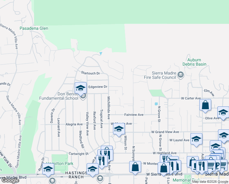 map of restaurants, bars, coffee shops, grocery stores, and more near 526 North Michillinda Avenue in Sierra Madre
