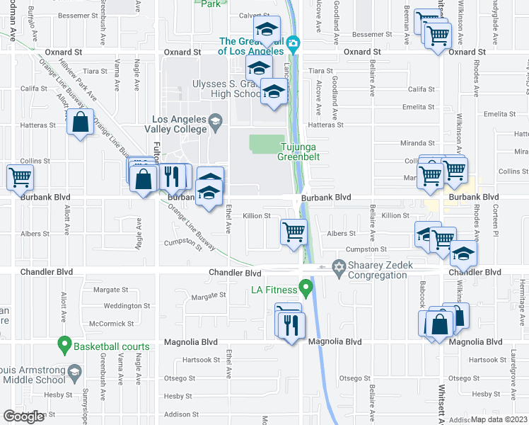 map of restaurants, bars, coffee shops, grocery stores, and more near 13001 Killion Street in Los Angeles
