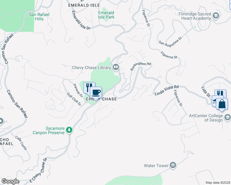 map of restaurants, bars, coffee shops, grocery stores, and more near 3130 Charing Cross Road in Glendale