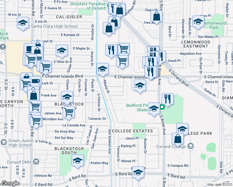 map of restaurants, bars, coffee shops, grocery stores, and more near 1003 Cheyenne Way in Oxnard