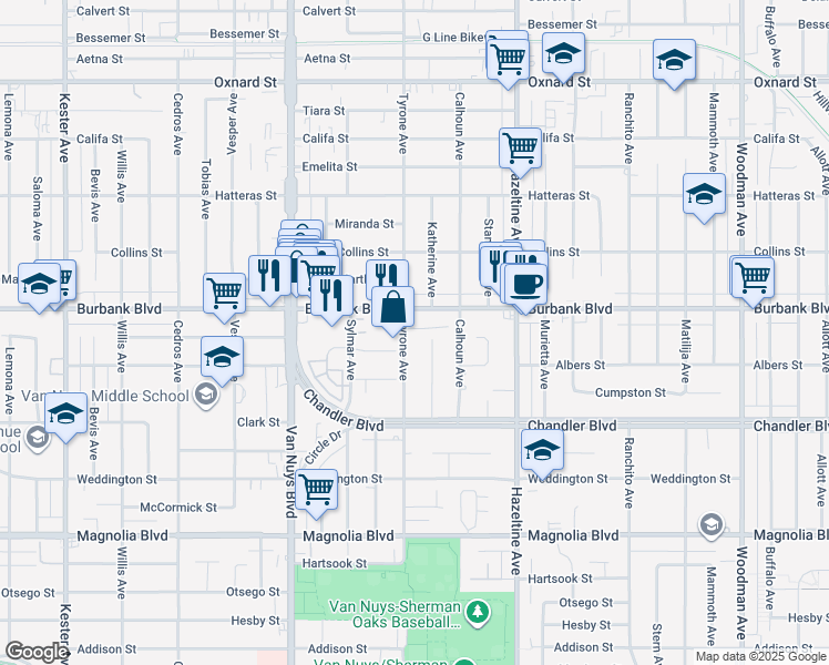map of restaurants, bars, coffee shops, grocery stores, and more near 5536 Tyrone Avenue in Los Angeles