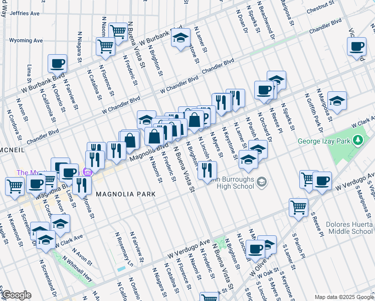 map of restaurants, bars, coffee shops, grocery stores, and more near 625 North Brighton Street in Burbank