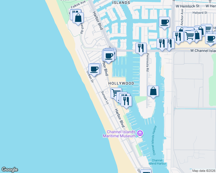 map of restaurants, bars, coffee shops, grocery stores, and more near in Oxnard