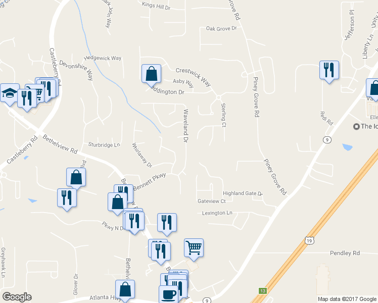 map of restaurants, bars, coffee shops, grocery stores, and more near 6290 Waveland Dr in Cumming