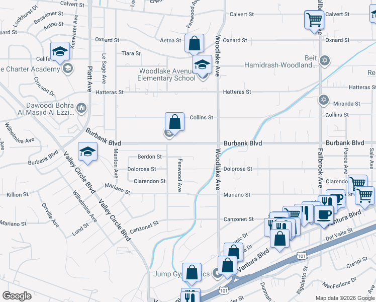 map of restaurants, bars, coffee shops, grocery stores, and more near 23320 Burbank Boulevard in Los Angeles