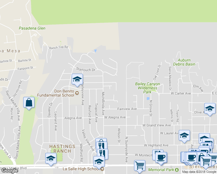 map of restaurants, bars, coffee shops, grocery stores, and more near 526 North Michillinda Avenue in Sierra Madre