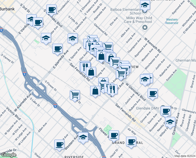 map of restaurants, bars, coffee shops, grocery stores, and more near 1022 Irving Avenue in Glendale