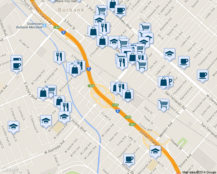 map of restaurants, bars, coffee shops, grocery stores, and more near 105 W Alameda Ave in Burbank
