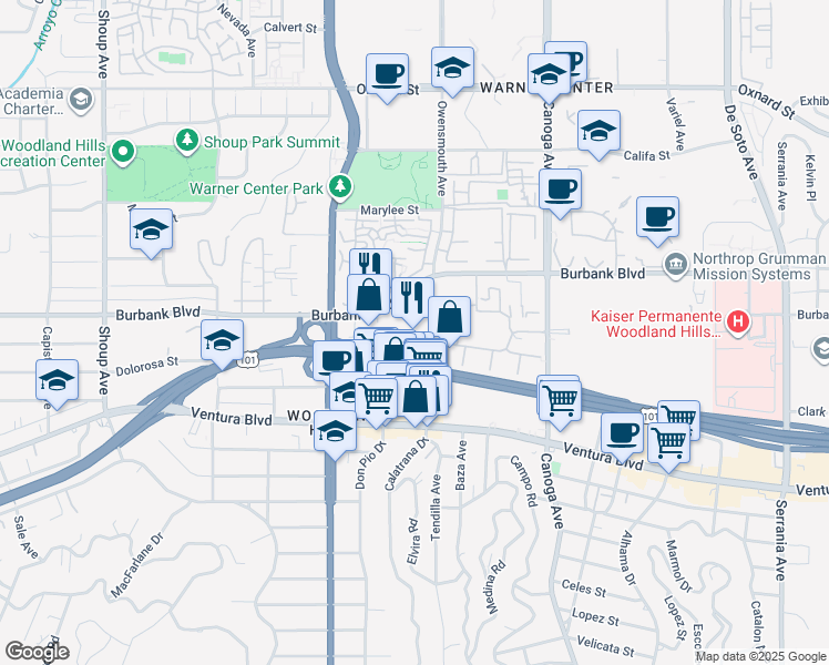 map of restaurants, bars, coffee shops, grocery stores, and more near 21820 Burbank Boulevard in Los Angeles