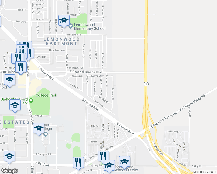 map of restaurants, bars, coffee shops, grocery stores, and more near 3130 Merced Place in Oxnard