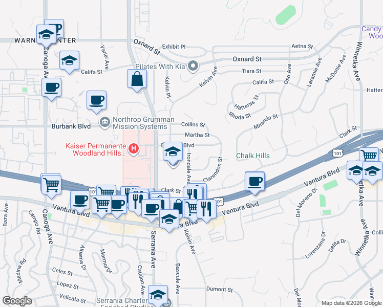 map of restaurants, bars, coffee shops, grocery stores, and more near 5538 Irondale Avenue in Los Angeles