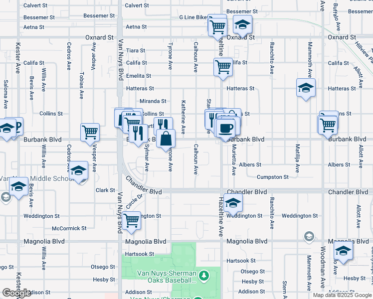 map of restaurants, bars, coffee shops, grocery stores, and more near 5496 Katherine Avenue in Los Angeles