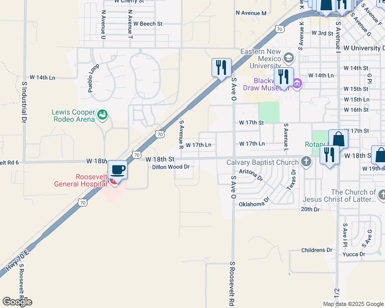 map of restaurants, bars, coffee shops, grocery stores, and more near 1804 West 18th Street in Portales