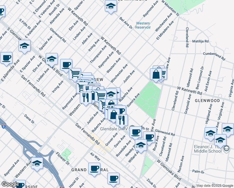 map of restaurants, bars, coffee shops, grocery stores, and more near 1172 Justin Avenue in Glendale
