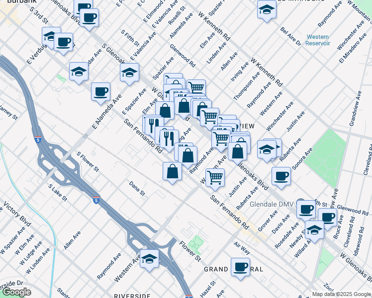 map of restaurants, bars, coffee shops, grocery stores, and more near 1063 Thompson Avenue in Glendale