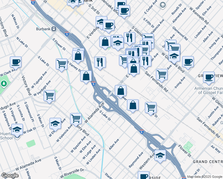map of restaurants, bars, coffee shops, grocery stores, and more near 105 West Alameda Avenue in Burbank