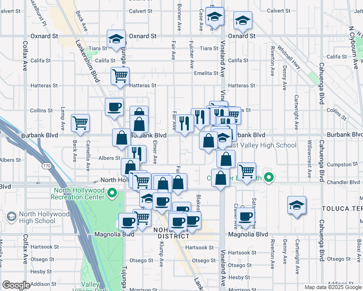 map of restaurants, bars, coffee shops, grocery stores, and more near 5554 Bonner Avenue in Los Angeles