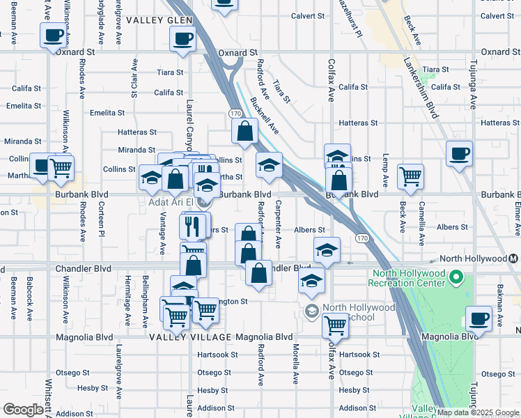 map of restaurants, bars, coffee shops, grocery stores, and more near 5536 Radford Avenue in Los Angeles
