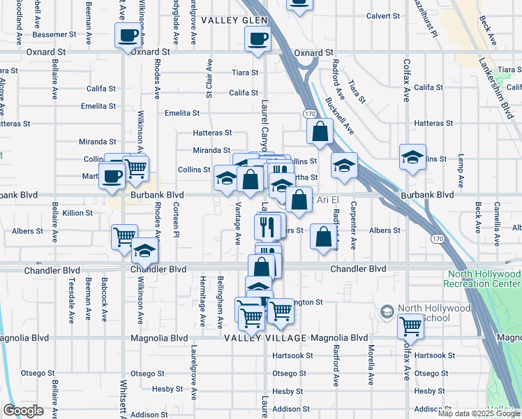 map of restaurants, bars, coffee shops, grocery stores, and more near 5540 Laurel Canyon Boulevard in Los Angeles