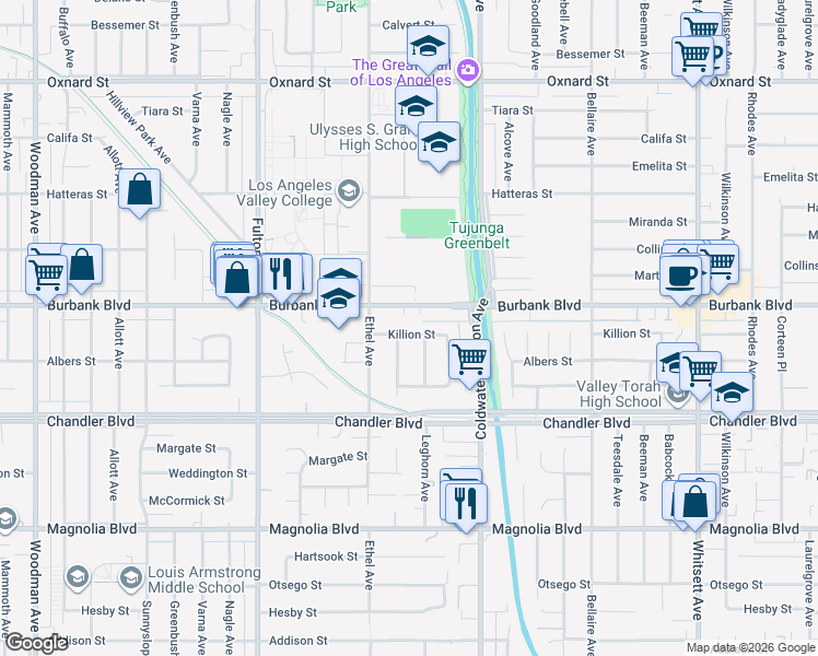 map of restaurants, bars, coffee shops, grocery stores, and more near 13001 Killion Street in Los Angeles