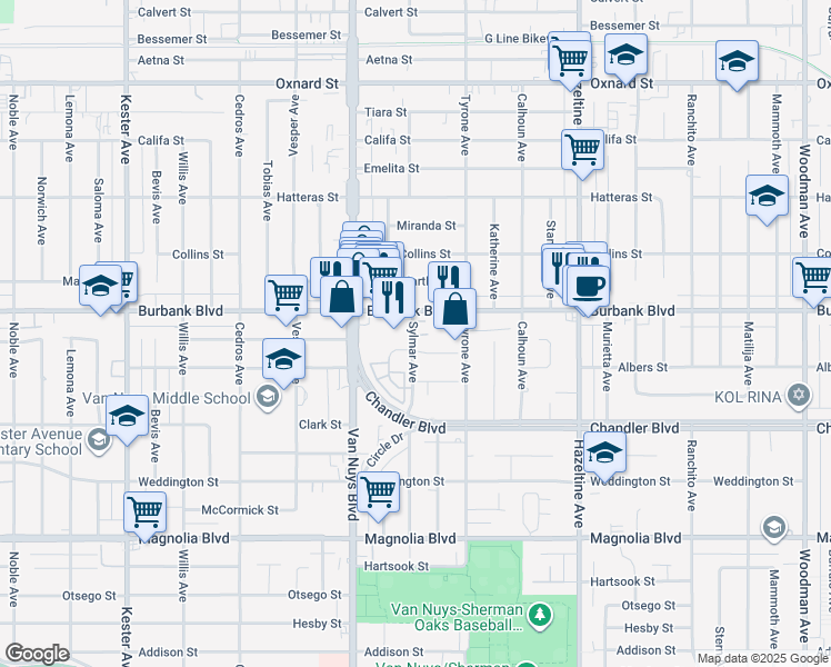 map of restaurants, bars, coffee shops, grocery stores, and more near 14348 Burbank Boulevard in Los Angeles