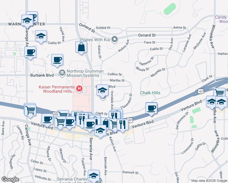 map of restaurants, bars, coffee shops, grocery stores, and more near 5538 Irondale Avenue in Los Angeles
