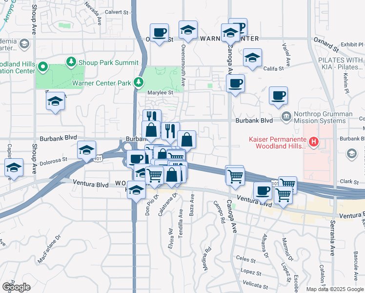 map of restaurants, bars, coffee shops, grocery stores, and more near 5530 Owensmouth Avenue in Los Angeles