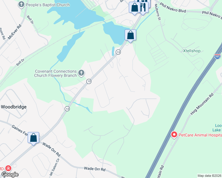 map of restaurants, bars, coffee shops, grocery stores, and more near 5906 Norton Circle in Flowery Branch
